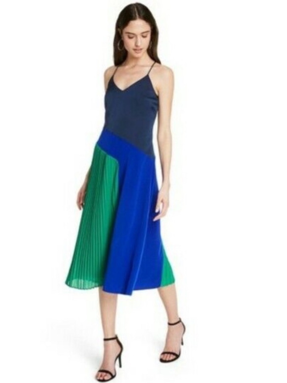 Cushnie x Target Blue & Green Colorblock Pleated Silky Midi Dress. Size 4